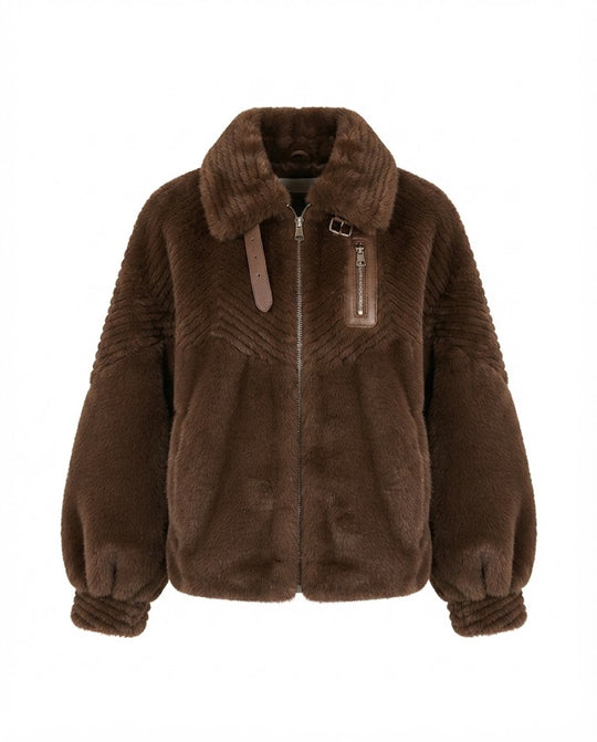 Damen nan kuschelige Kunstpelzjacke mit Stehkragen, Reißverschlusstasche und femininer Ballonärmel-Silhouette EB