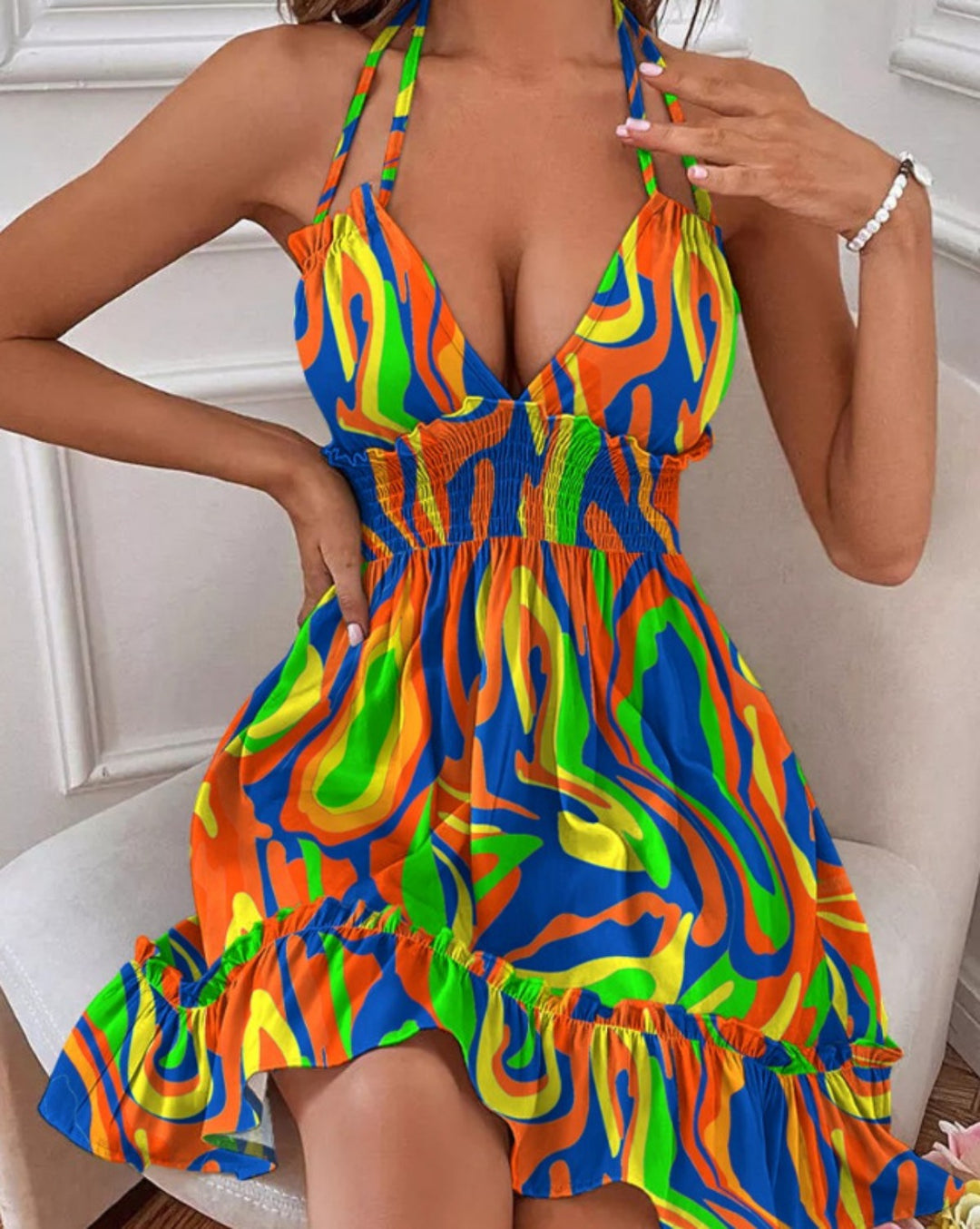 EB | Tiefes V-Seil-Sling-Neckholder-Kleid