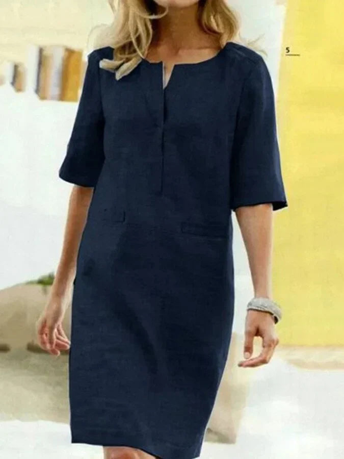 EB | Damen Kurzarm Baumwolle und Leinen Kleid
