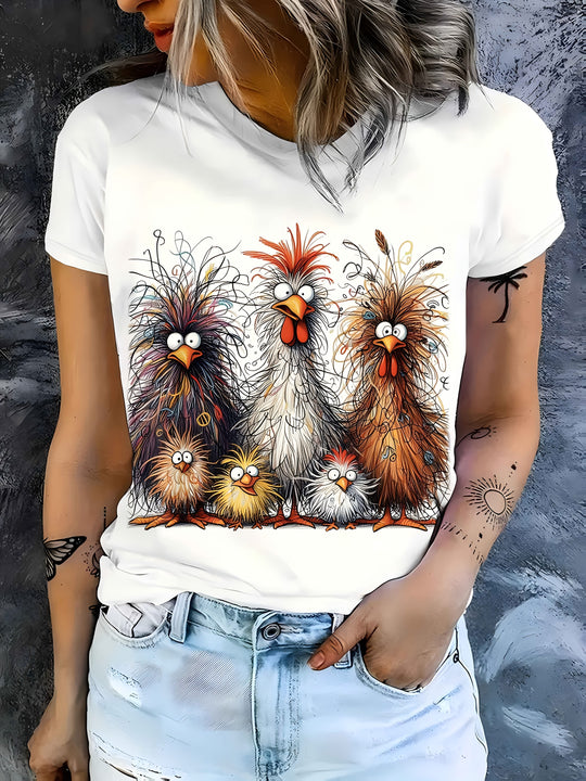 EB | Damen T-Shirt Sommershirt mit Hühnerdruck, Rundhalsausschnitt, Kurze Ärmel, Lässig und Komfortabel