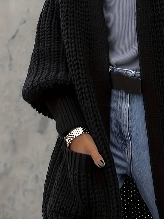 EB | Gestrickte Übergröße Schwarze Damen Lange Weste mit Taschen