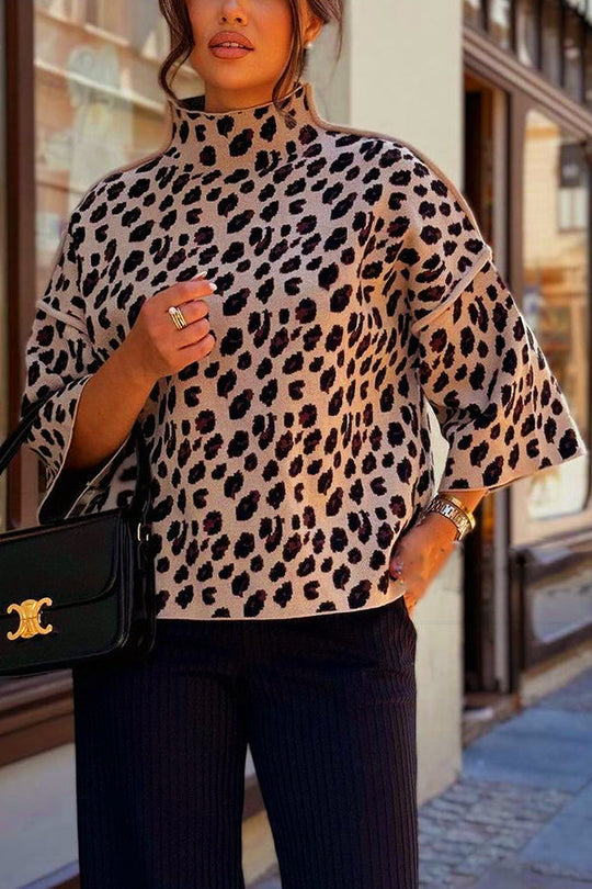 EB | Gemütlicher Strickpullover mit Leopardenmuster und Lockerer Rollkragen