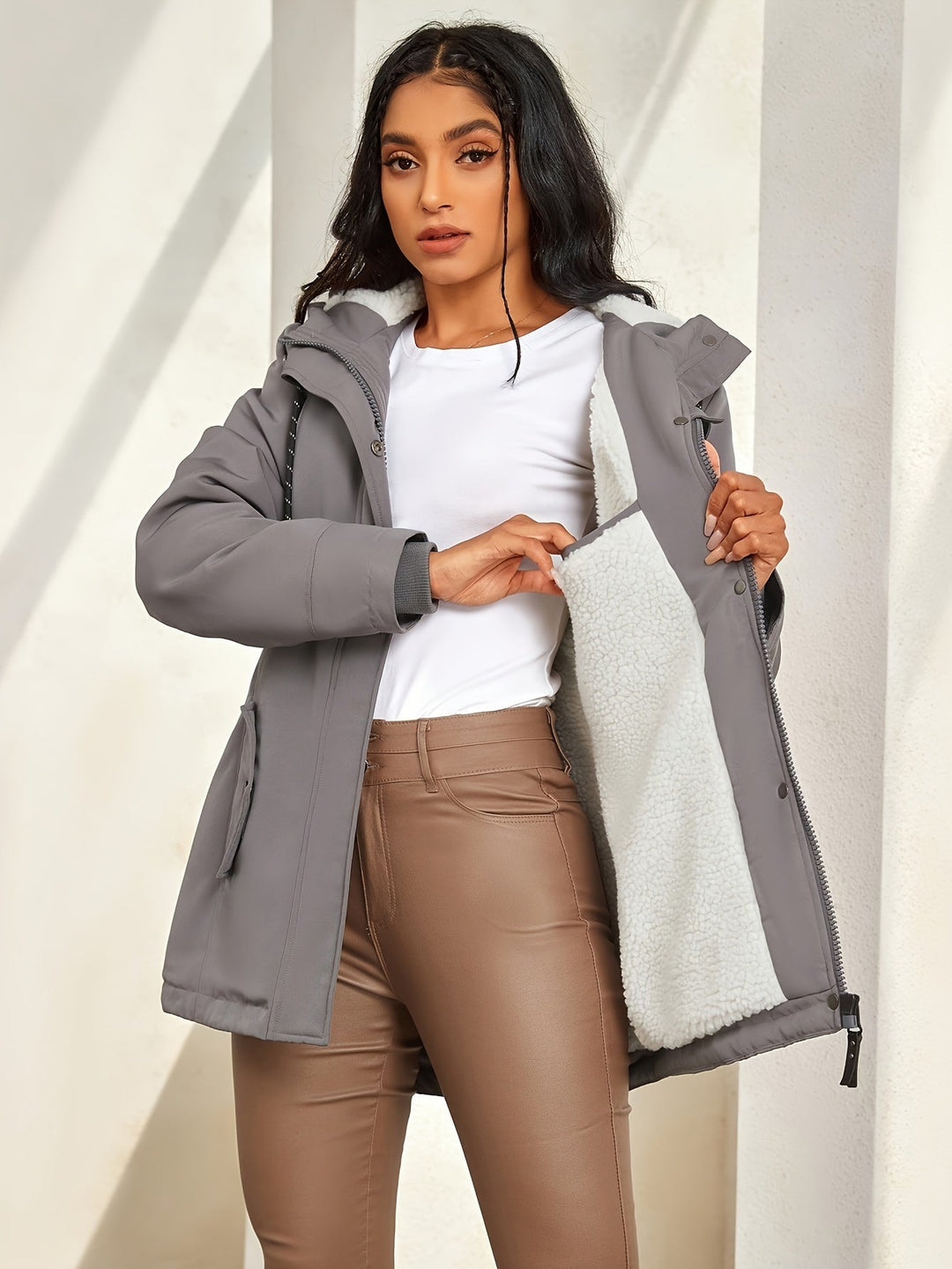 EB | Grau Casualen Winter mit Kapuze Aus Kunstpelz für Frauen Ideal für Herbst Winter