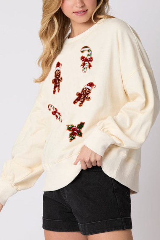 EB | Weihnachts Lebkuchenmann Paillette Lässig Langarm Sweatshirt