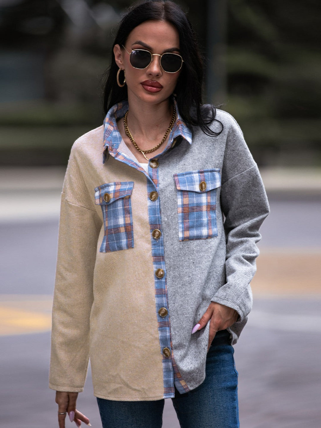 EB | Karo Kontrast Drop Shoulder Shacket