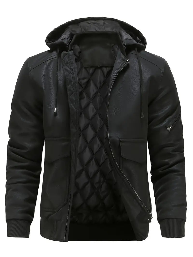 EB –  Winddichte PU Winterjacke für Herren mit Kapuze