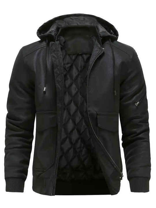 EB –  Winddichte PU Winterjacke für Herren mit Kapuze