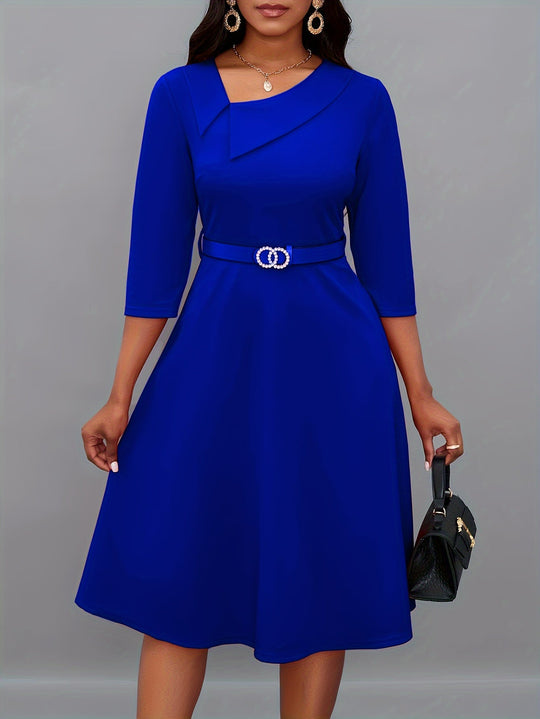 EB | Einfarbige Asymmetrische Halsgürtel 3/4 Ärmel Festliches Kleid Für Frauen - Ideal Für Alle Jahreszeiten