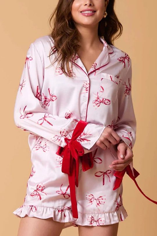 EB | Weihnachten Mode Gedruckte Fliege Oberteil und Elastischer Taillen Rüschenshorts Set
