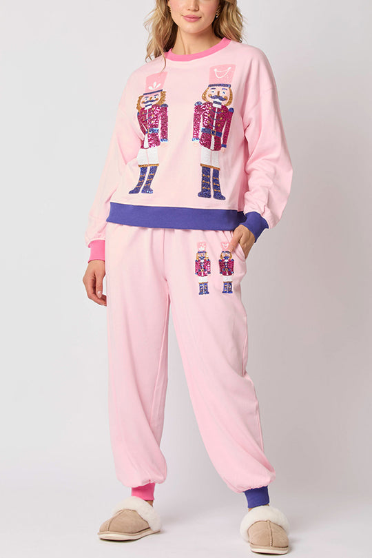 EB | Weihnachtsmann Pailletten Freizeit Sweatshirt und elastische Taillen lockere Taschenhose Set