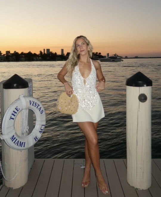 EB | Tiefer V-Ausschnitt mit Pailletten, sexy Neckholder-Kleid