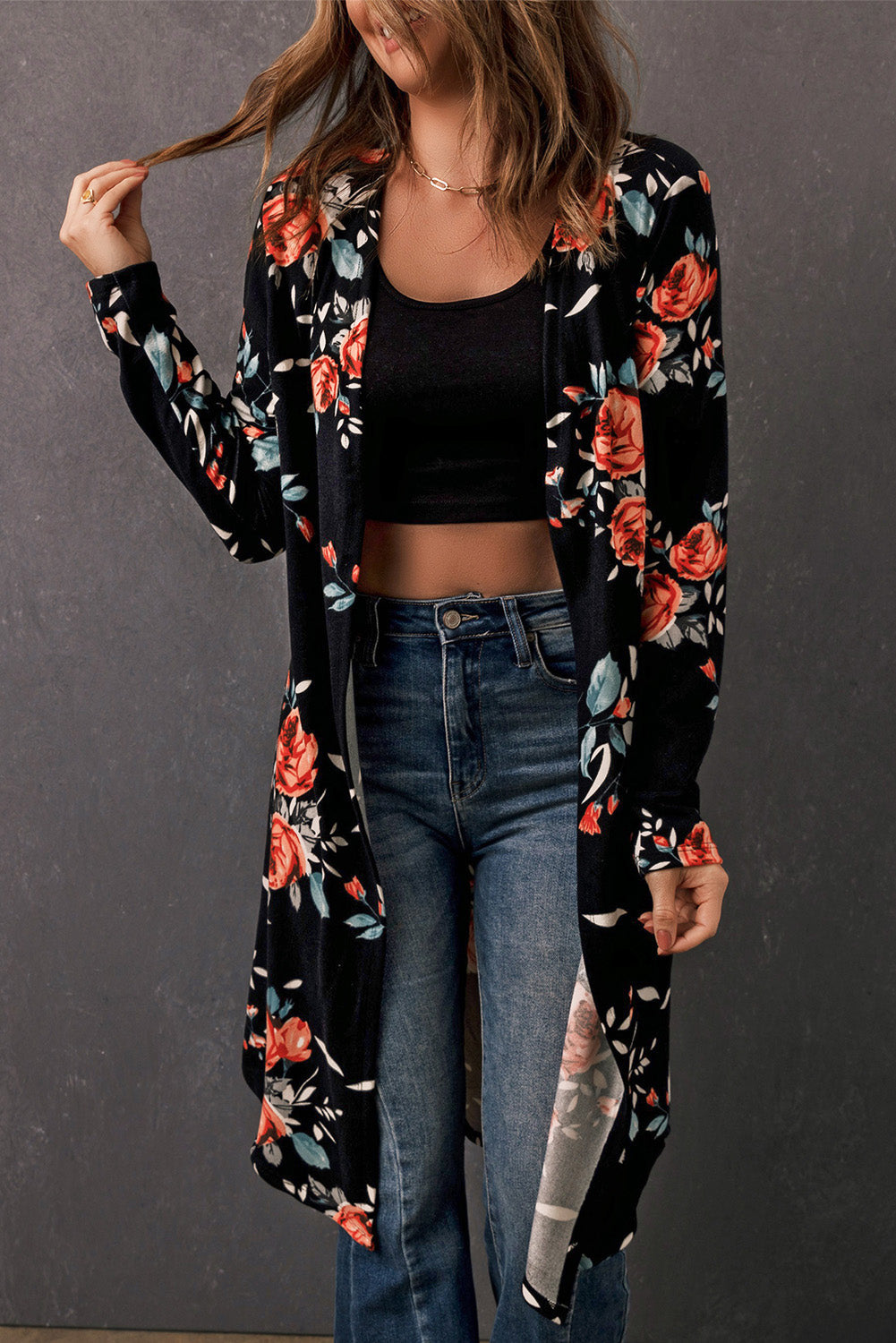EB | Bedruckter Offene Front Langarm Cardigan