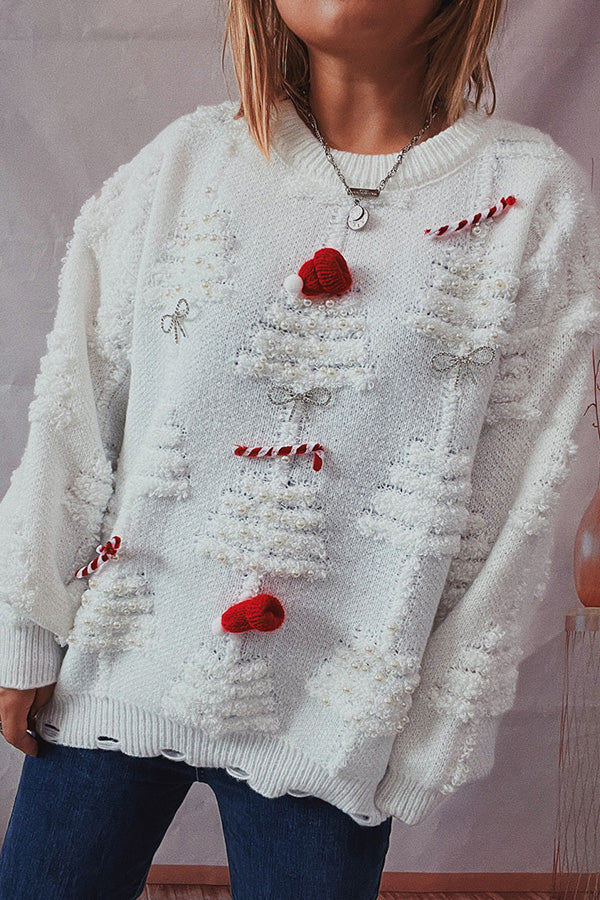 EB | Handgemachter Perlen-Weihnachtsthema-Pullover dreidimensionaler dekorativer Pullover