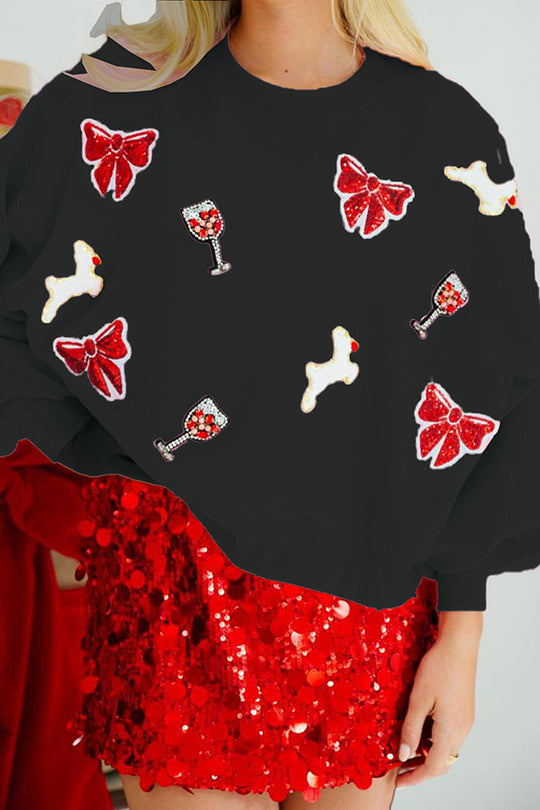 EB | Weihnachtsbogen-Wein-Glas Pailletten Lockere Lange Ärmel Sweatshirt