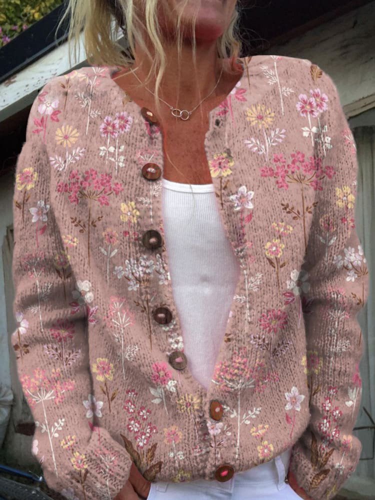 EB | Knopflose Strickjacke mit Blumenmuster Strick Elegant und Komfortabel