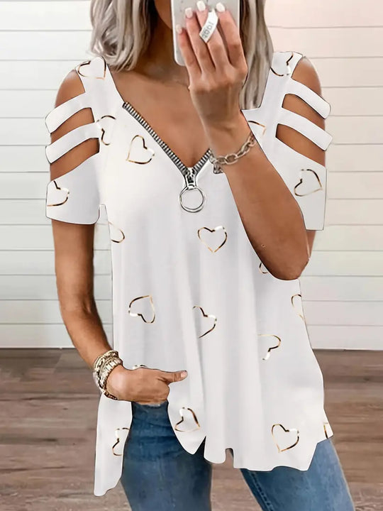EB | Kurzarm-T-Shirt mit Herz-Druck und V-Ausschnitt