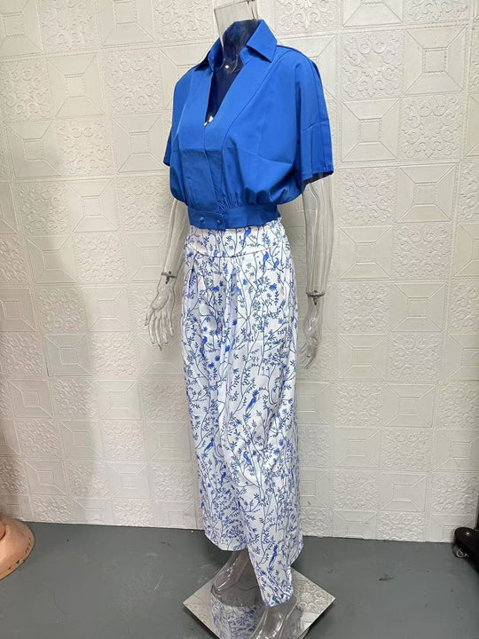 EB | Zweiteiliges Set mit V-Ausschnitt und Hose mit weitem Bein