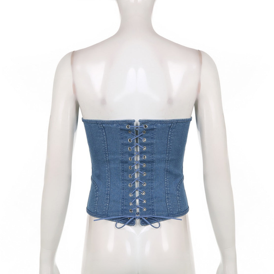 EB | Schlankes Denim-Röhrentop mit Wellenkragen und Fischgrät
