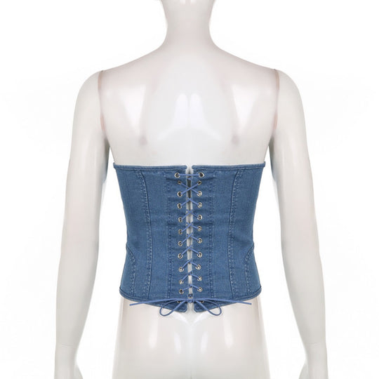 EB | Schlankes Denim-Röhrentop mit Wellenkragen und Fischgrät
