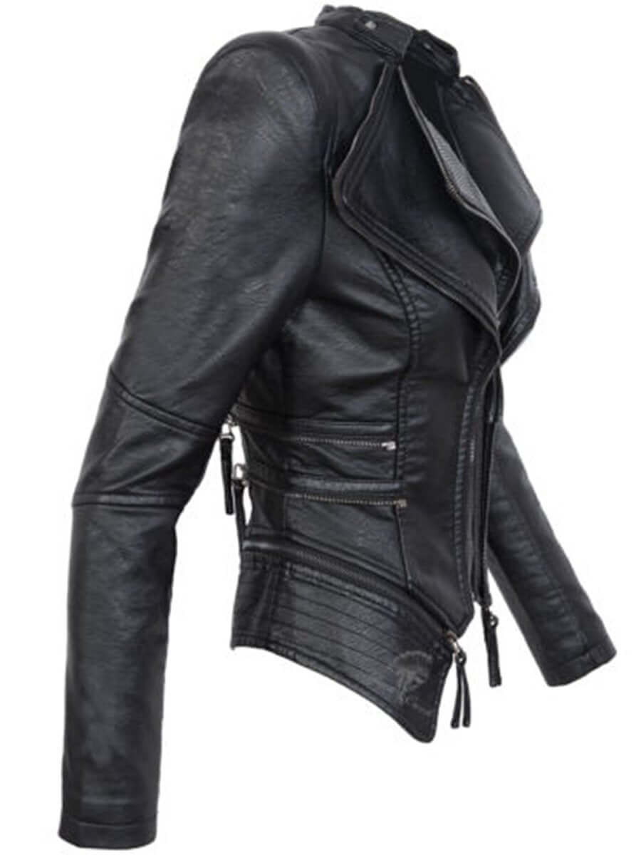 EB | Damen Schwarze Asymmetrische PU-Leder Bikerjacke