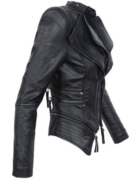 EB | Damen Schwarze Asymmetrische PU-Leder Bikerjacke