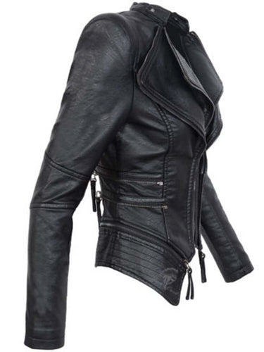 EB | Damen Schwarze Asymmetrische PU-Leder Bikerjacke