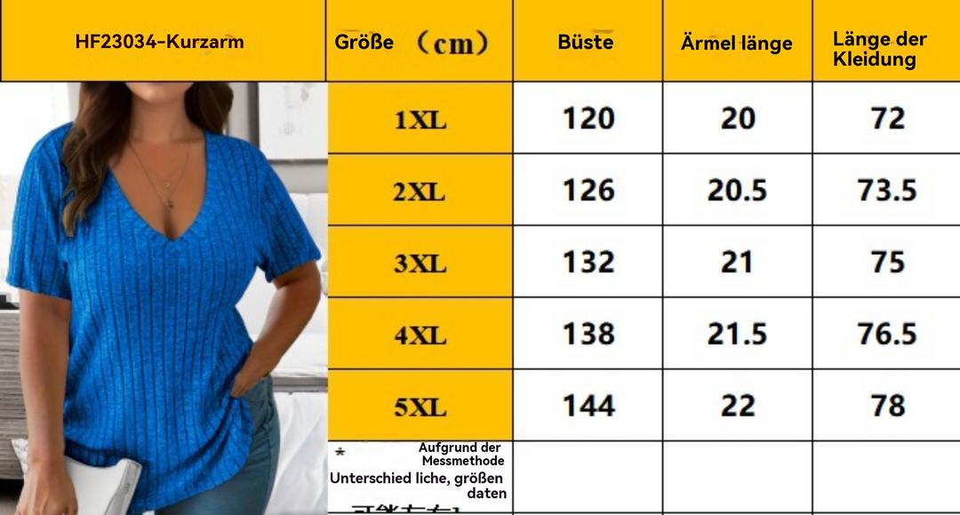 EB | Solide Farbe große Größe V-Ausschnitt Grube Streifen kurze Ärmel