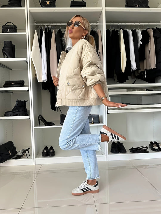 EB | Gequiltete Jacke Farbblock Warmer Pufferjacke Reverskragen und Taschen Ideal für Frühling/herbst