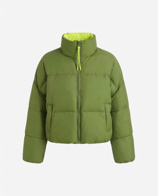 Damen nan kurzer wattierter Boxy-Puffer mit zweilagigem Stehkragen und verdeckter Reißverschlussblende EB