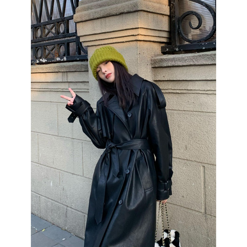 EB | Trenchcoat - stilvolle lange schwarze Damenjacke