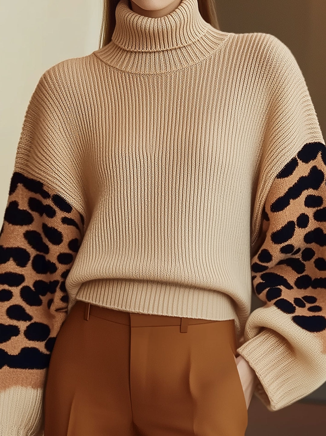 EB | Rollkragen-strickpullover Leopardenärmel Modernes Aussehen