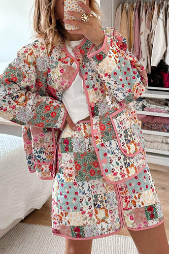 EB | Patchwork Blumenmuster Druck Knopfverschluss Mit Taschen Gequiltete Leichte Jacke