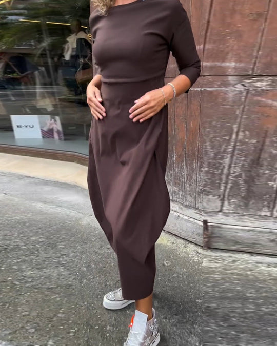 EB | Schlichtes Einfarbiges Elegantes Kleid mit Langen Ärmeln und Tasche