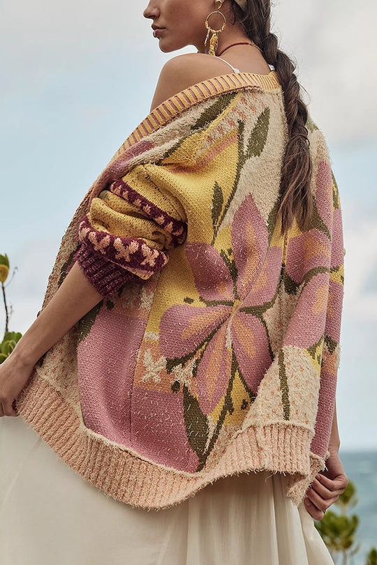 EB | florale Strickjacke mit weitem Schnitt und langen Ärmeln