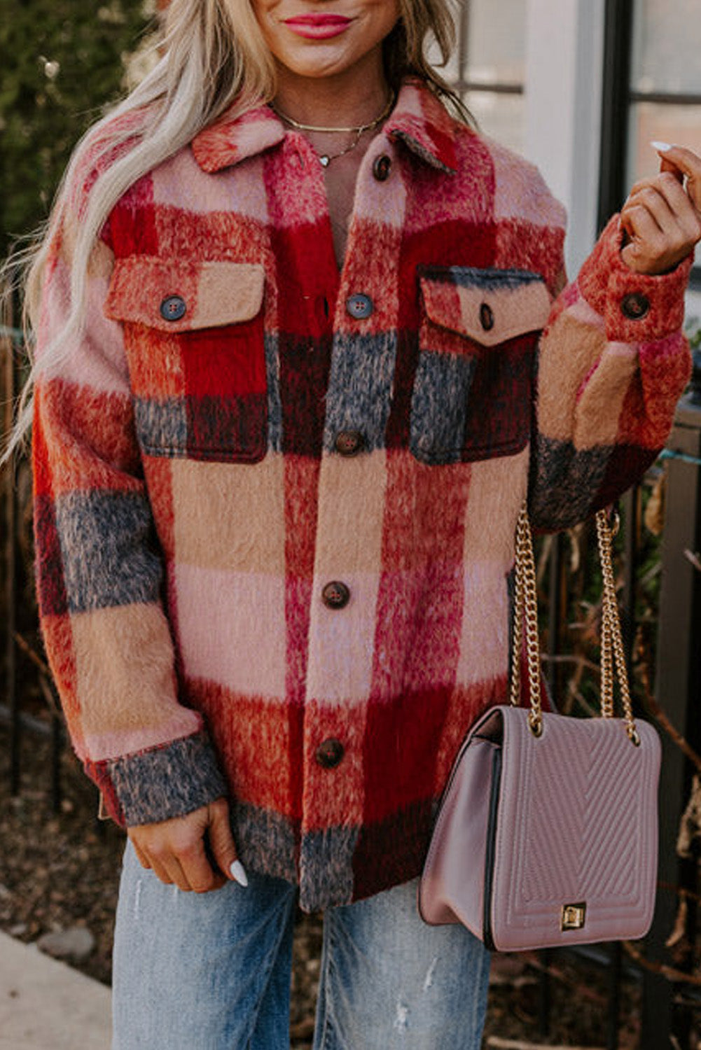 EB | Geräumige Karierte Orange Freizeitjacke mit Pattentaschen und Knöpfen