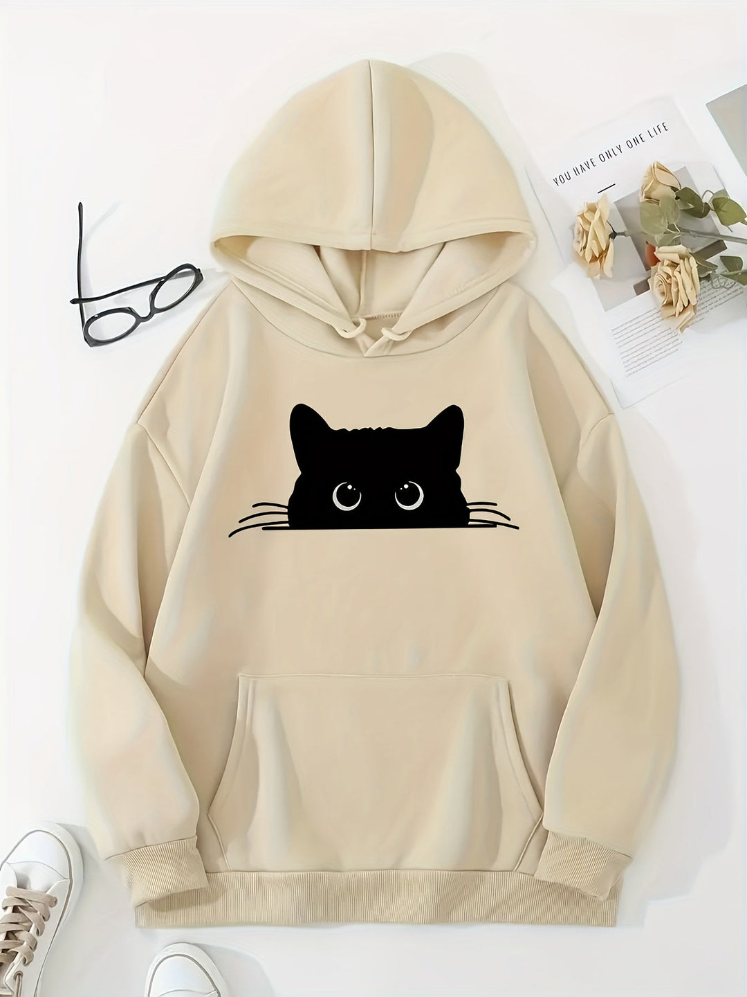 EB | Sweat Pullover Hoodie mit Katzenprint und Kapuze für Frauen Perfekt für lässige Tage