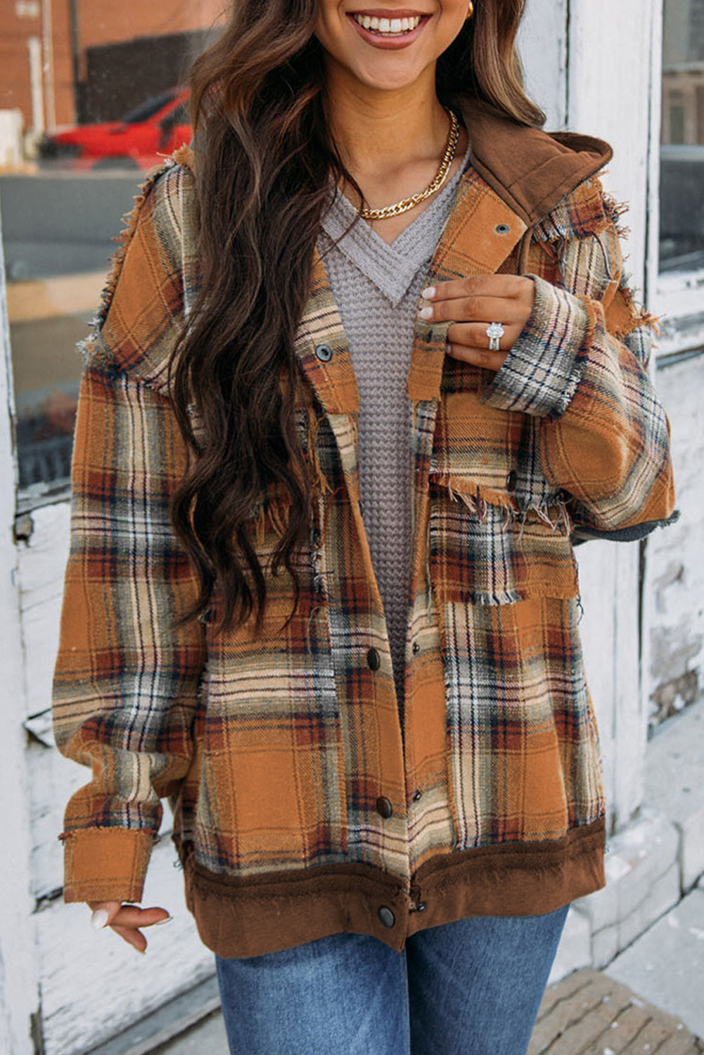 EB | Karierte Jacke mit Kapuze und Rohen Kanten Baumwolle Lässig und Trendy
