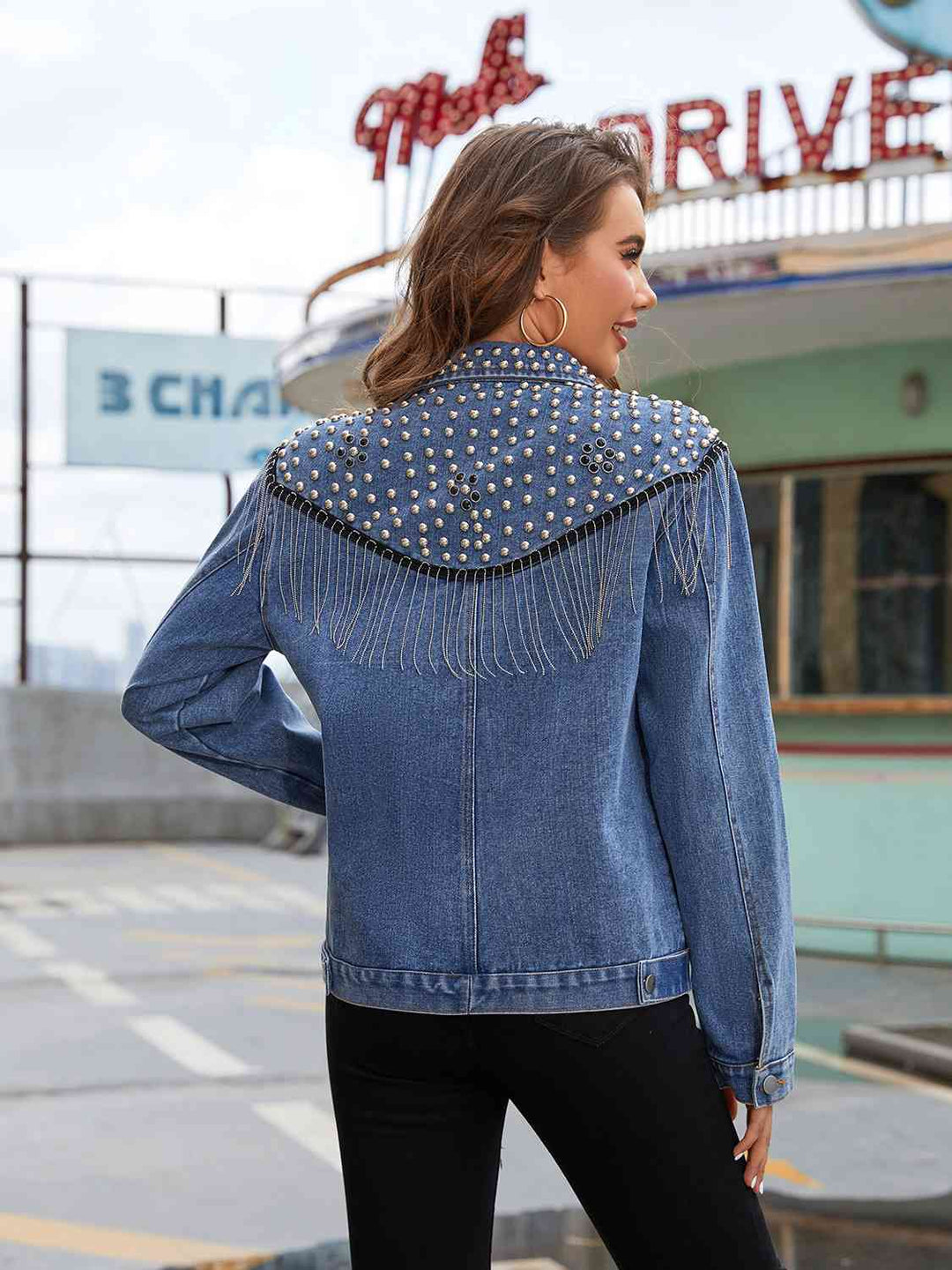 EB | Nieten Fransen Knopf-Down Denim Jacke