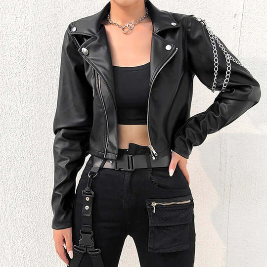 EB | Damen Slim Fit PU-Lederjacke mit silbernen Ketten