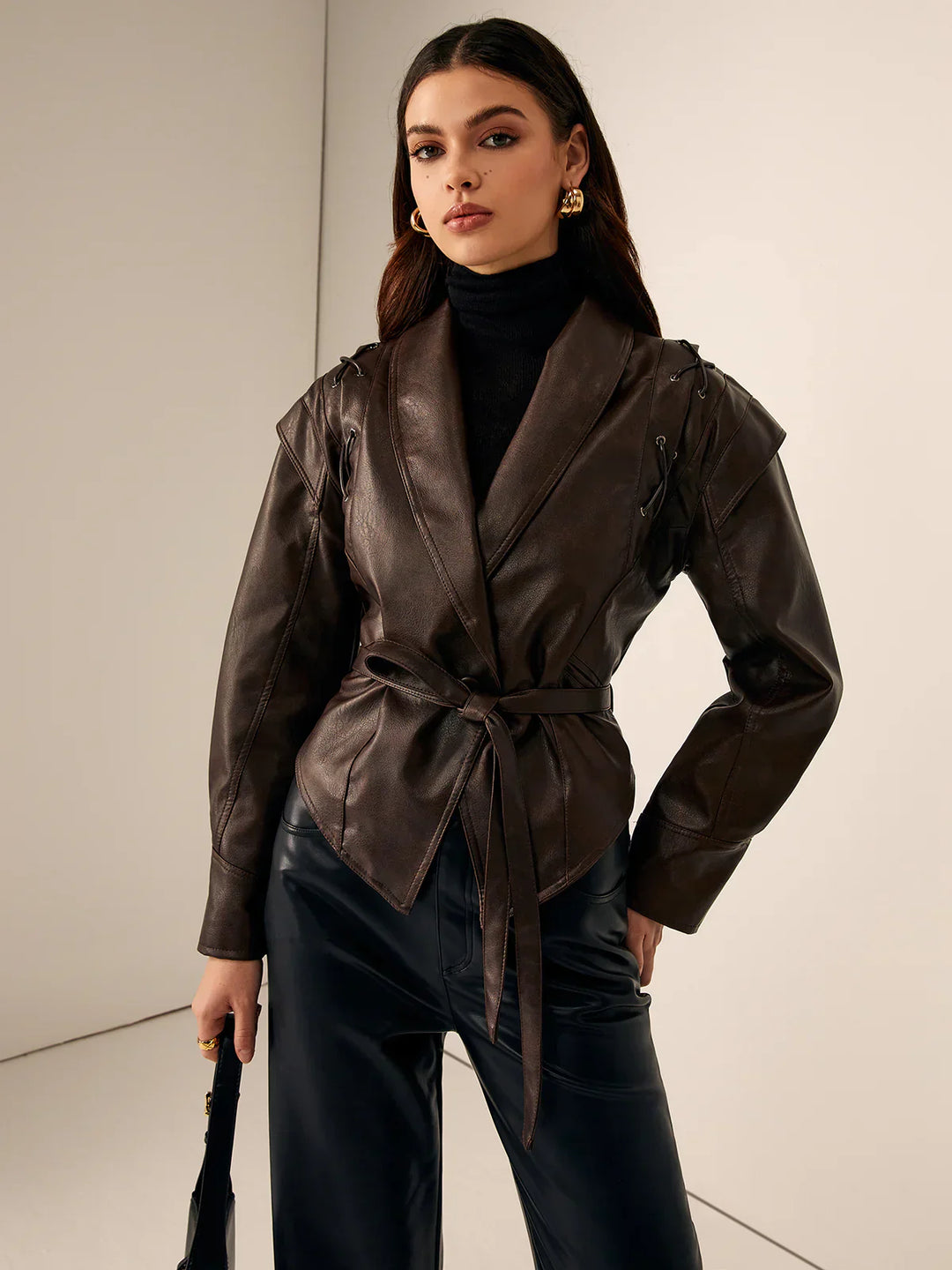 EB | Leder Schnür Lapel Kragen Blazer Jacke