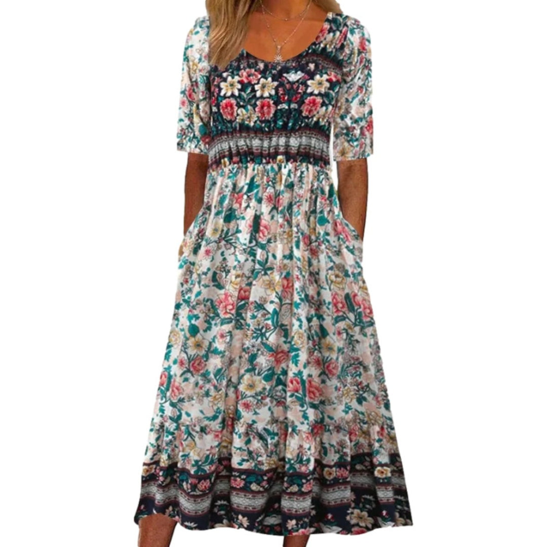 EB | Rundhalsausschnitt Kurzarm Bohemian Print Kleid Frauen
