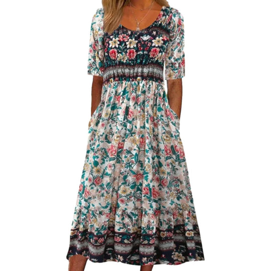 EB | Rundhalsausschnitt Kurzarm Bohemian Print Kleid Frauen