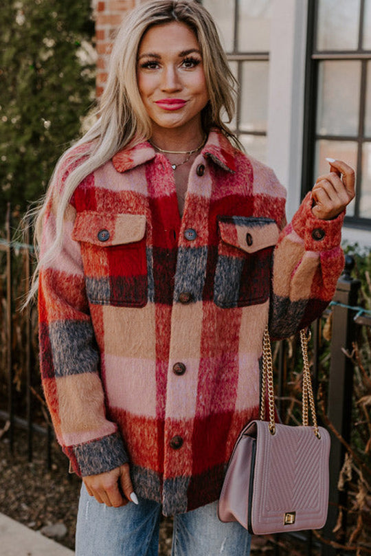 EB | Geräumige Karierte Orange Freizeitjacke mit Pattentaschen und Knöpfen