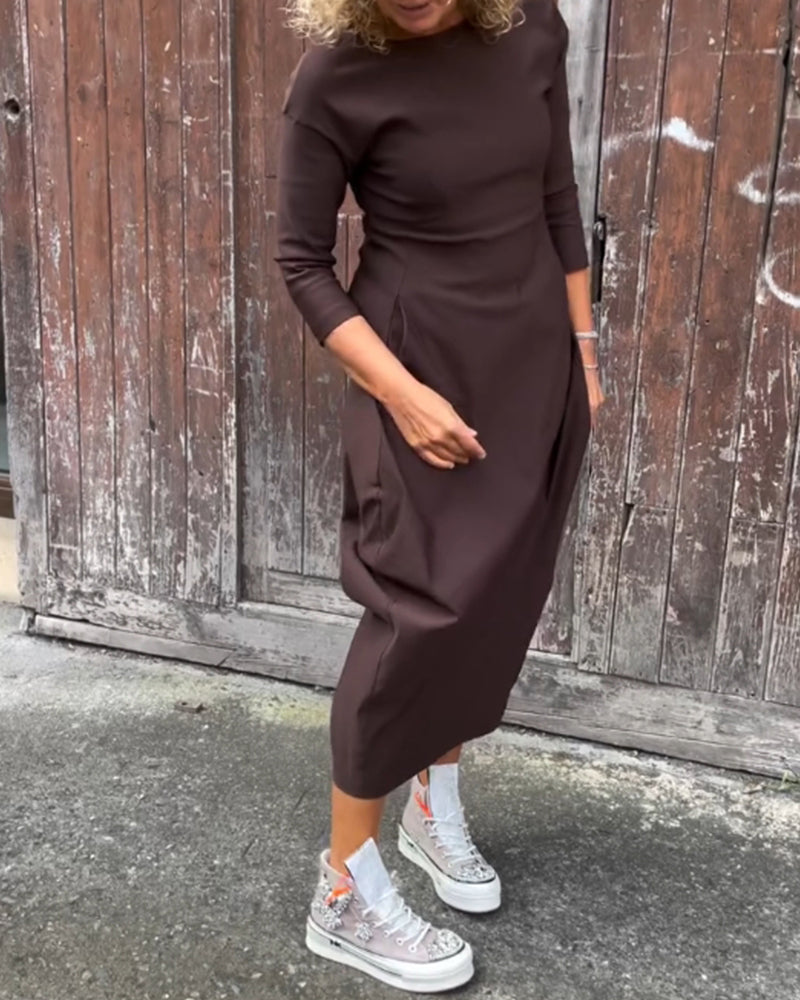 EB | Schlichtes Einfarbiges Elegantes Kleid mit Langen Ärmeln und Tasche