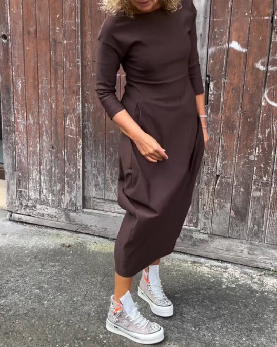 EB | Schlichtes Einfarbiges Elegantes Kleid mit Langen Ärmeln und Tasche