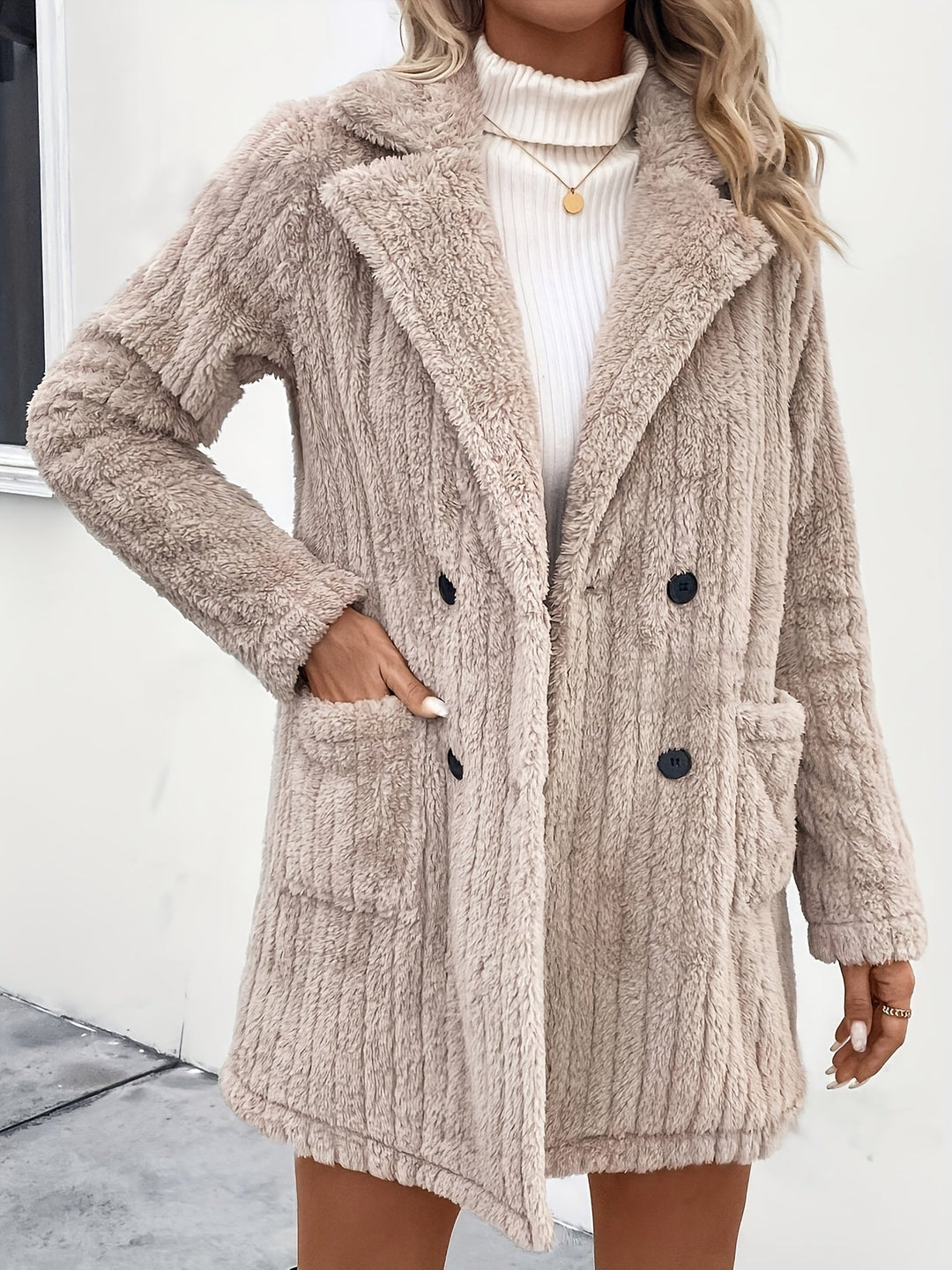 EB | Doppelknopf-plüschjacke mit Reverskragen Polyester Weich und Warm
