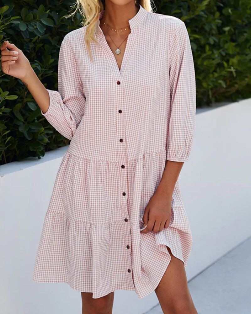 EB | Kariertes A-Linien-Kleid mit Knopfleiste für Damen Ähnelt Einem Hemdblusenkleid