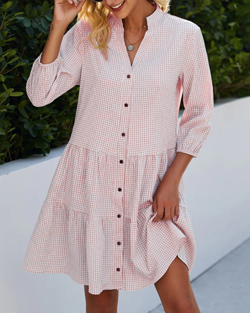 EB | Kariertes A-Linien-Kleid mit Knopfleiste für Damen Ähnelt Einem Hemdblusenkleid