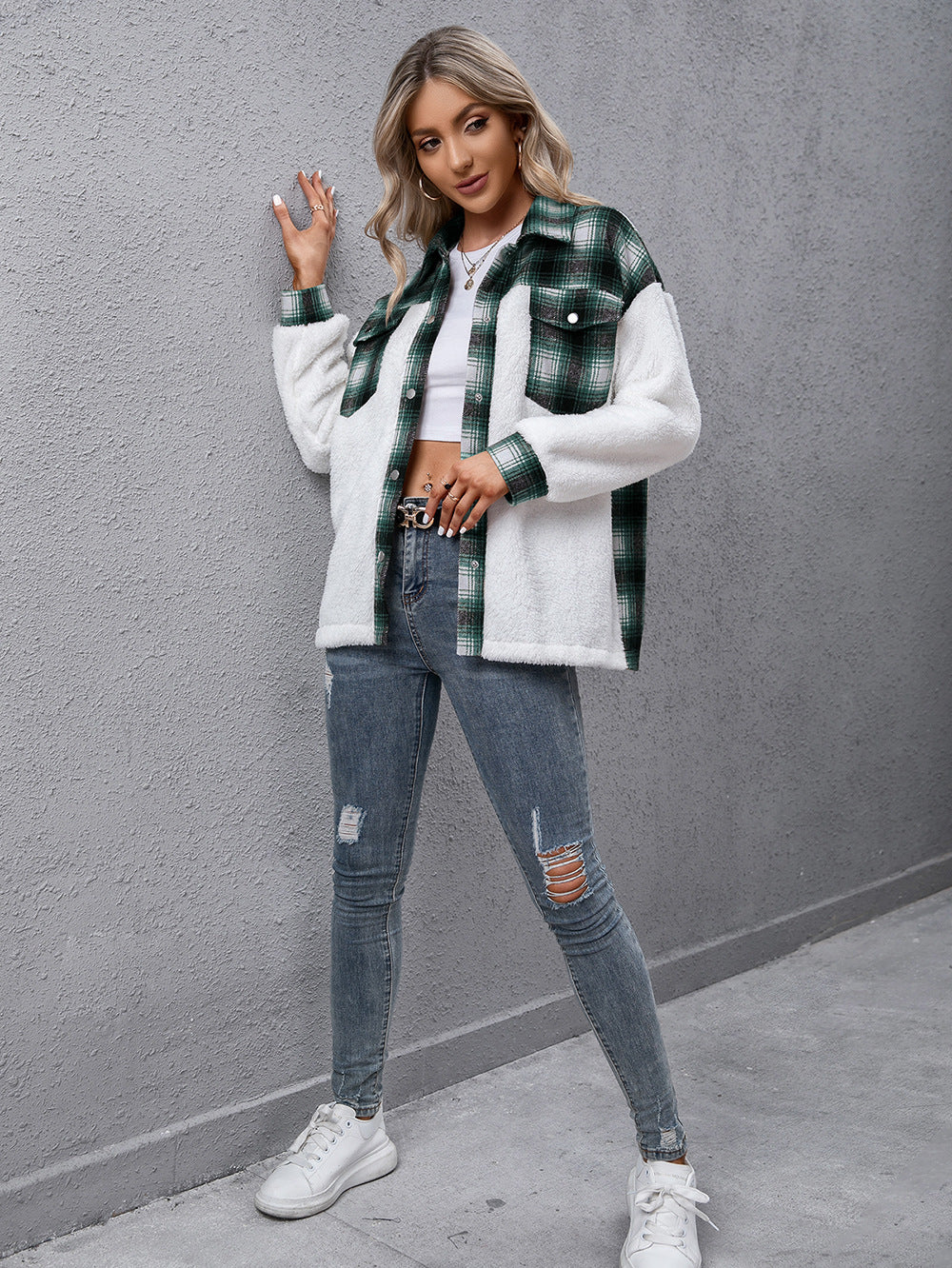 EB | Karierte Kragenknopf Jacke