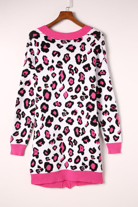 EB | Leopard-Kontrastbesatz Offene Vorderseite Langarmlange Strickjacke